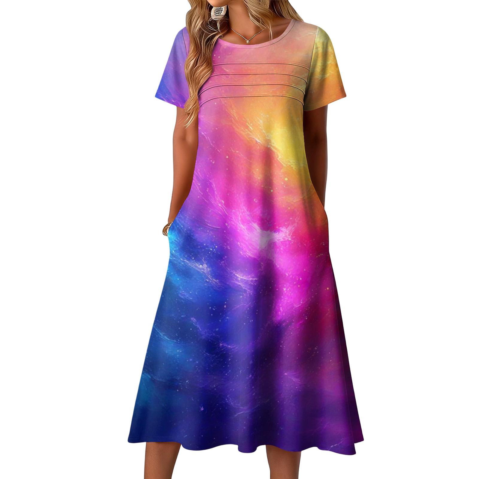 

Ladies printed casual and fashionable short sleeved round neck dress XL помаранчевий