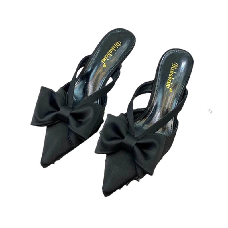Bow Heeled Slippers Women's Pointed Toe Sandals Elegant Mules Shoes 2025 Summer Party Pumps Flip Flops Dress Sandalias De Mujer