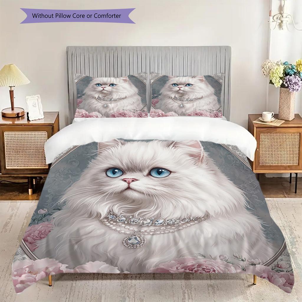 White Cat Pattern Bedding Quilt Set Quilt Cover Pillowcase Home Decoration Birthday Gift (1 * duvet cover + 2 * pillowcase, without core)