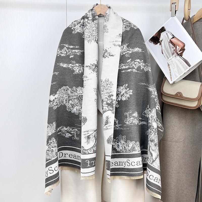 180*66cm Damski Luksusowy Szal Szalik Imitacja Kaszmiru Atramentowy Styl Chiński Jesień Zima Ciepłe Dodatki Odzieżowe