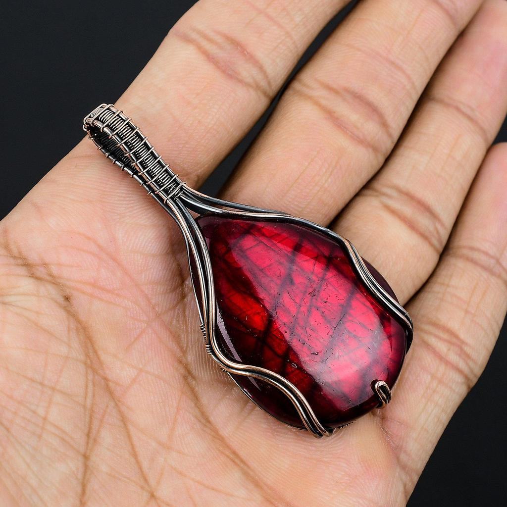 Red Flash Labra Handmade Pendant, Gemstone Jewelry, 999 Copper Wire Wrapped Pendant Jewelry, For Gift