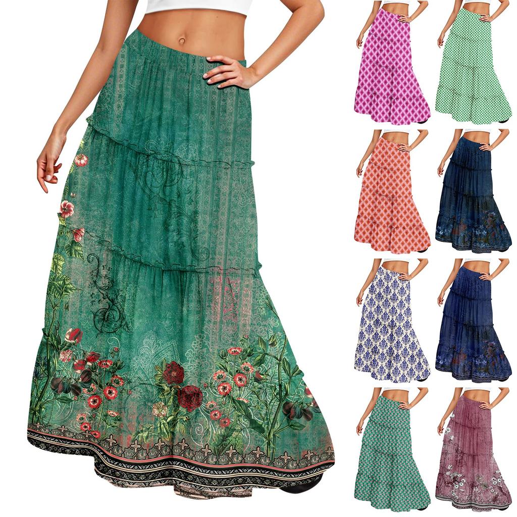 Women's printed elastic waist loose hem long skirt