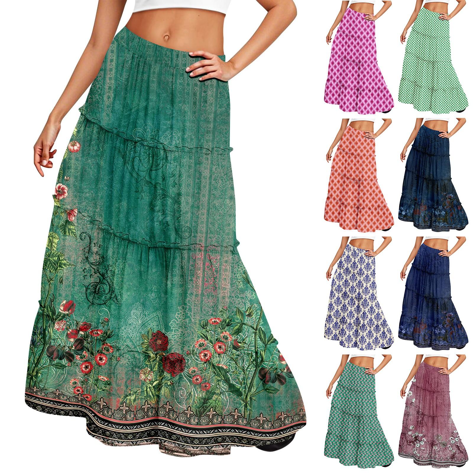 

Women s printed elastic waist loose hem long skirt XL
