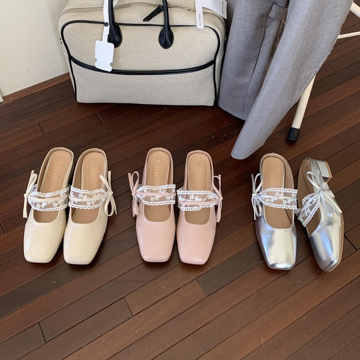 

2025 new French square head bow lace thick heel bag head half drag lazy women s shoes 39 розовый