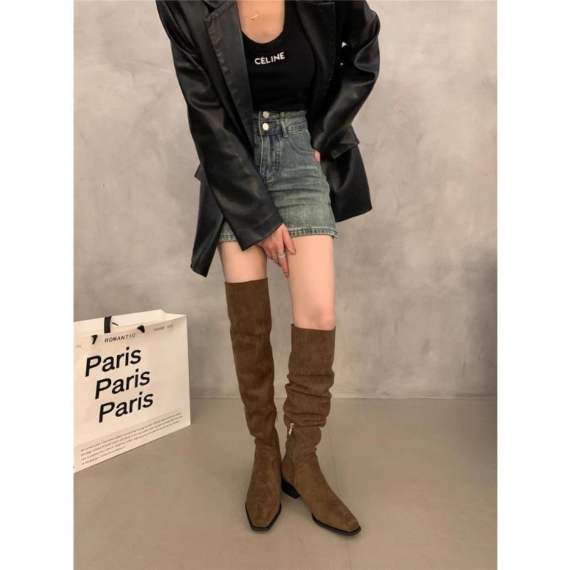 

Big tube circumferential boots women s new wide tube thick leg long boots flat bottom stacking boots straight boots suede high boots 39 темно-коричневого