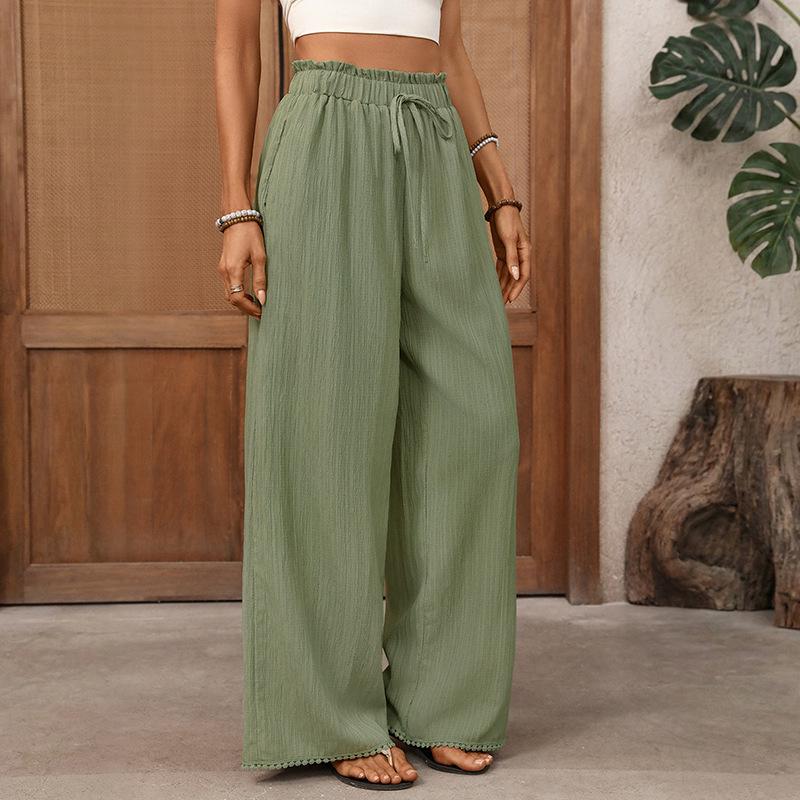 

Women High Waist Ruffle Drawstring Pom Pom Trim Loose Textured Wide Leg Vacation Casual Long Pants S зелёный