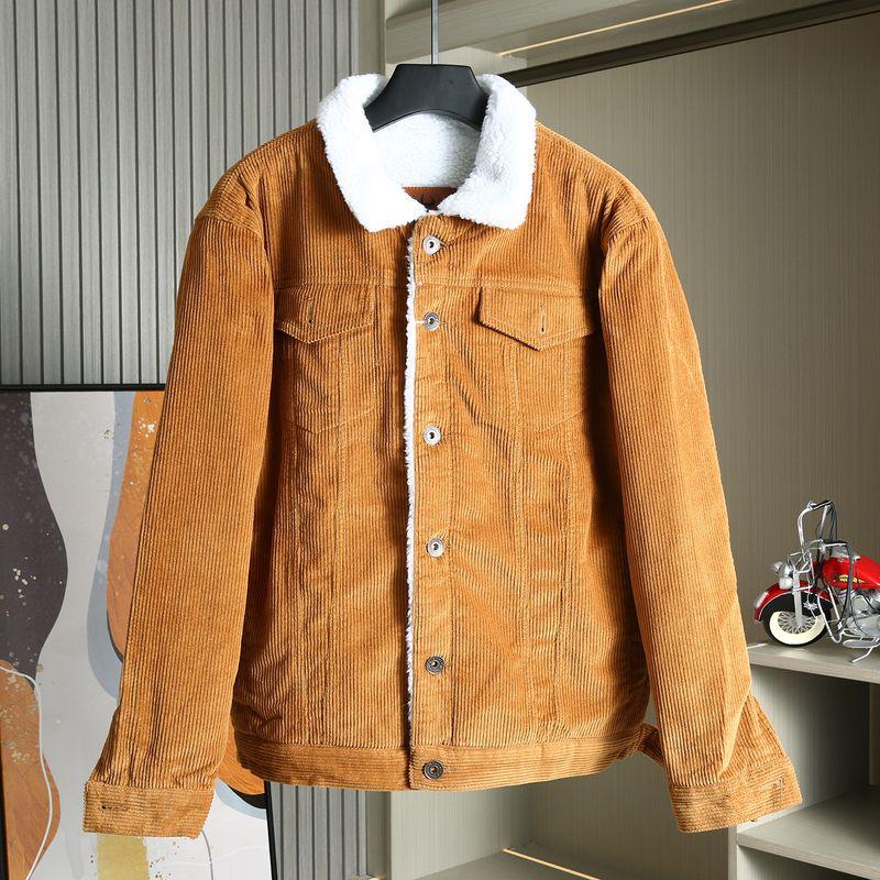 American-Style Retro Corduroy Lambswool Lapel Jacket for Men, Fleece-Lined, Thickened, Warm Workwear Coat, Trendy