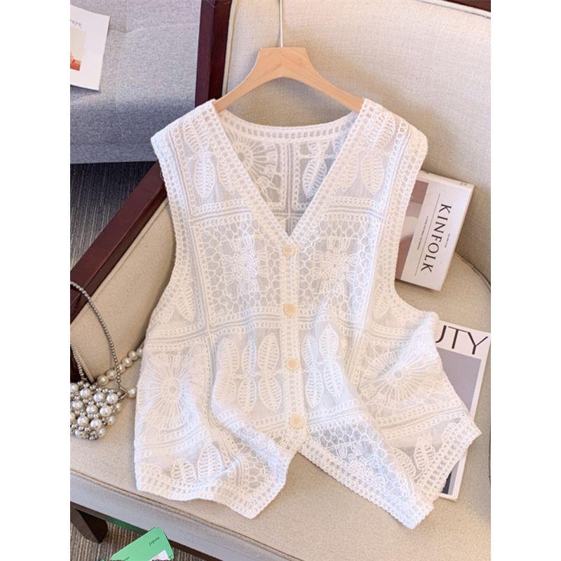 Plus Size Women's Clothing Fat Sister Summer White V-neck Single-Breasted European French Hollow Sleeveless Cardigan Vest L-4XL