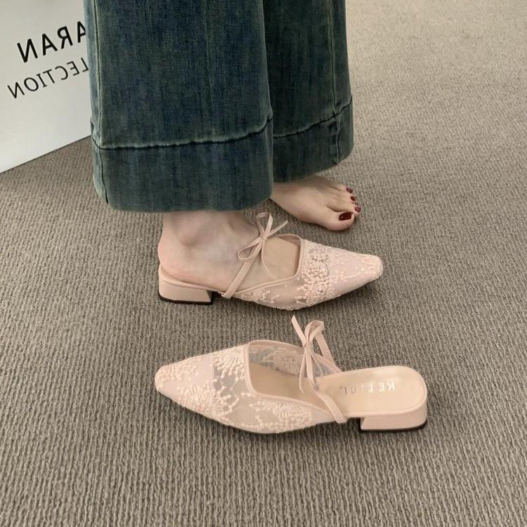 

2025 Summer Slippers High Heels Women s Sandals Pointed Toe Bow Mules Shoes Woman Marie Janes Elegant Chunky Pumps Dress Slides 39