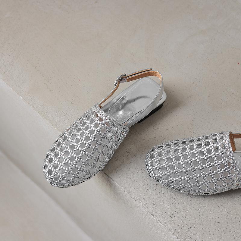 French Woven Cut-Out Chunky Low Heel Closed-Toe Sandals for Women - Summer Versatile Single Strap Round Toe Backless Shoes