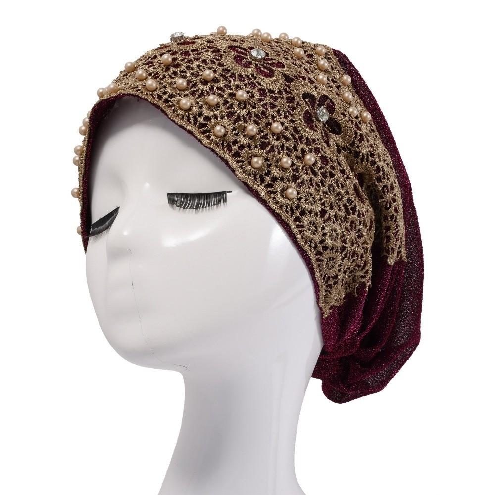 Floral Pattern Women's Lace Turban Cap Lace Trim Islamic Turban Hat Bonnet Head Wraps  Women