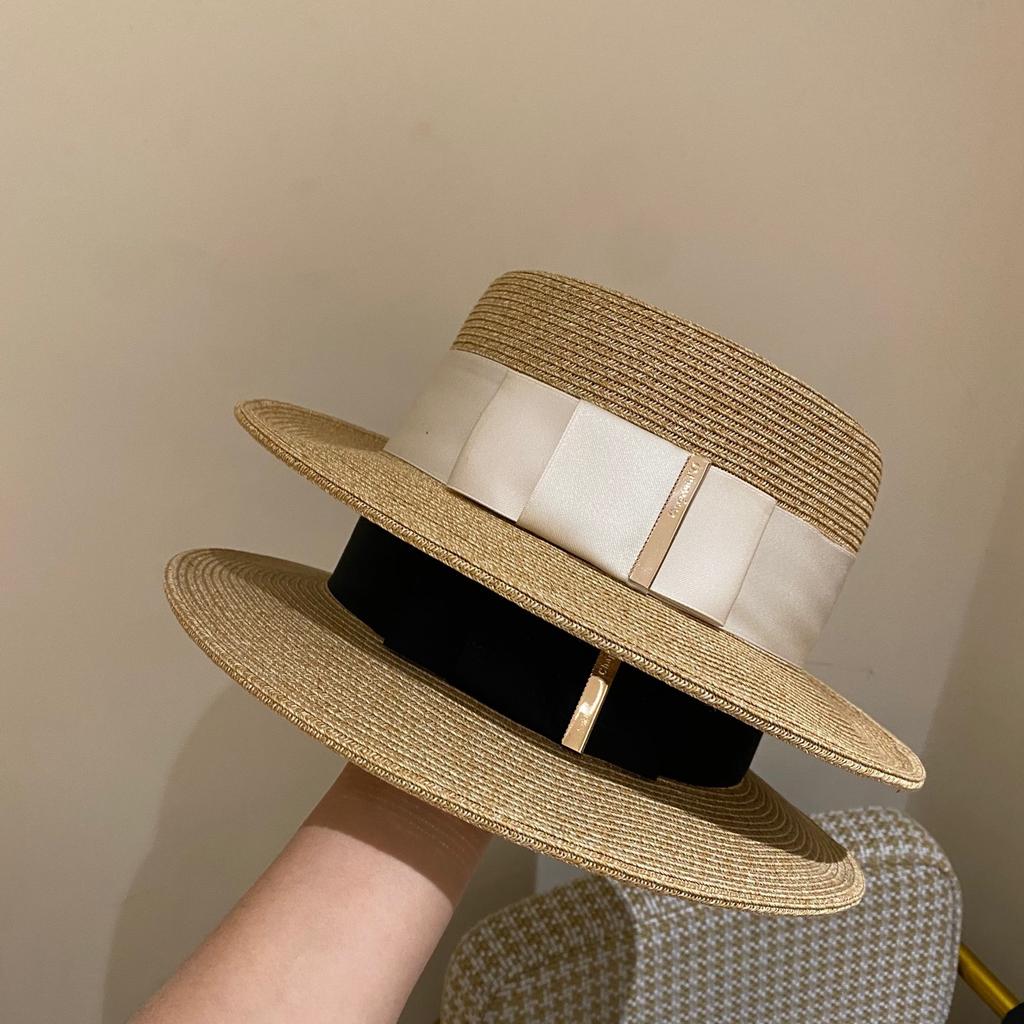 Women's summer beach straw hat beach shade sun protection color blocked flat top sun hat British versatile top hat