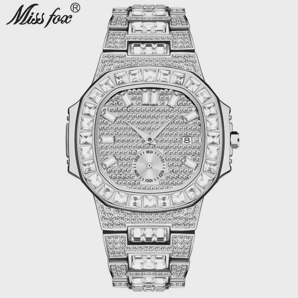 Hip Hop Iced Out Mens Watch Diamond Paved Analog Quartz Watch Waterproof Stainless Steel Luxury Wristwatch
