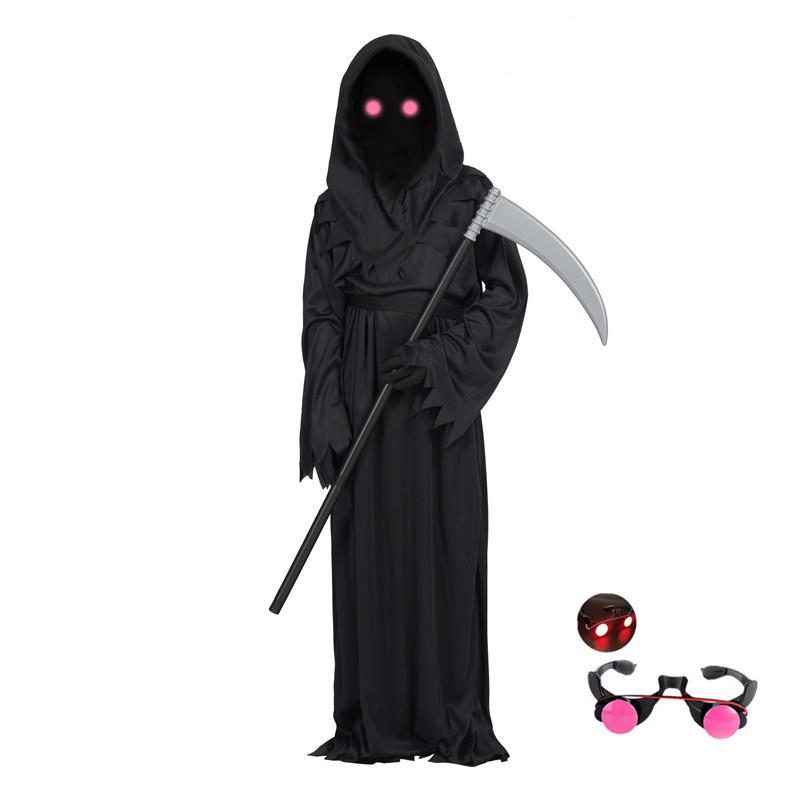 Kids' Luminous Red-Eyed Grim Reaper Halloween Costume Set with Scythe