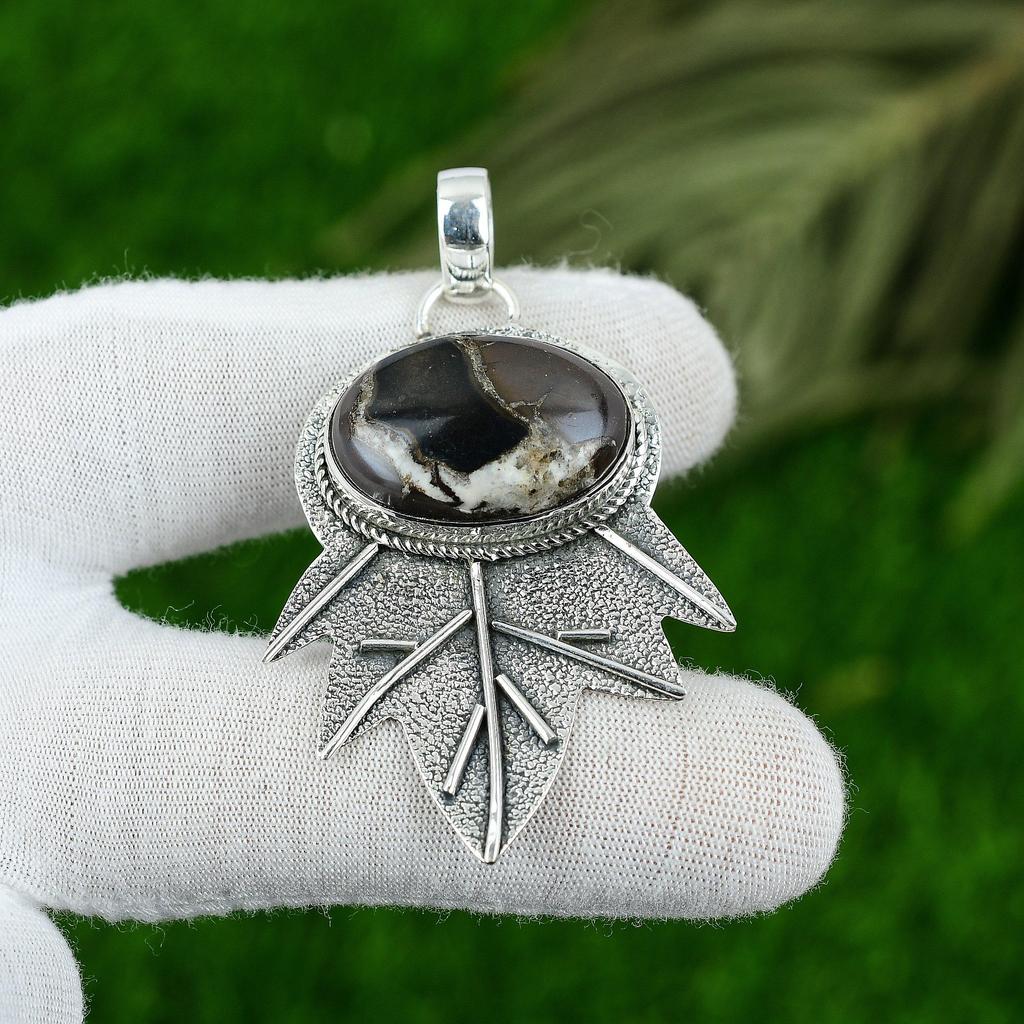 Cadeau Pour Elle Pendentif en Argent 925 Pierre Précieuse Fossile Naturelle Marocaine Craquelée
