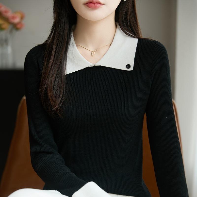 Collared Knitted Sweater with Long Sleeves, Women's New Autumn-winter Style, Multi-color, Slim-fitting, Figure-hugging Base Layer Top