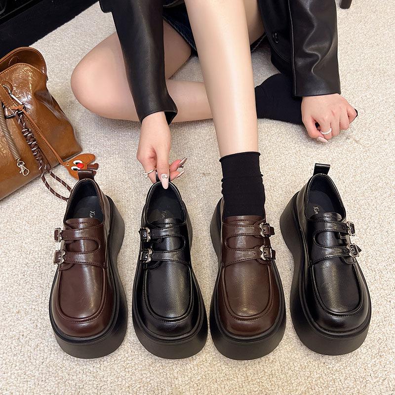 Thick-soled heightening British style small leather shoes women's 2025 new summer and autumn with skirt black loafers one-pedal single shoes