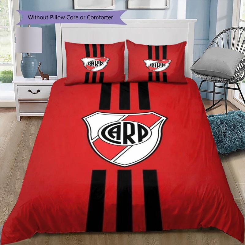 River Plate FC Red Background Vertical Black Stripe Shield Crest Bedding Set Argentine Soccer Duvet Cover Football Fan Bedroom Home Decor Bedding