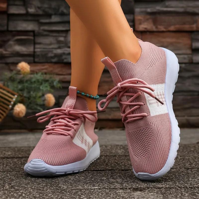 

Fashion Ladies Shoes 2025 Hot Sale Lace-up Women s Vulcanize Shoes Fashion Color Matching Outdoor Slip-Resistant Casual Mesh Sneakers 43 розовый