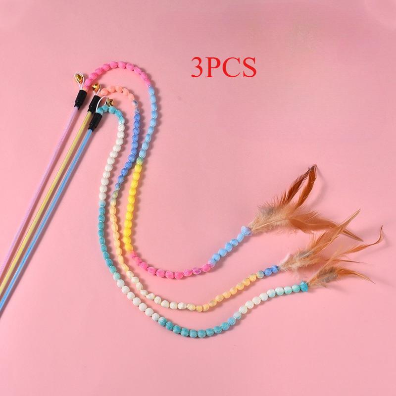 3pcs Interactive Cat Rainbow Wand Toys for Indoor Cats and Kittens, Colorful Cat Teaser Wand String Plush Toy Cat Feather Toys