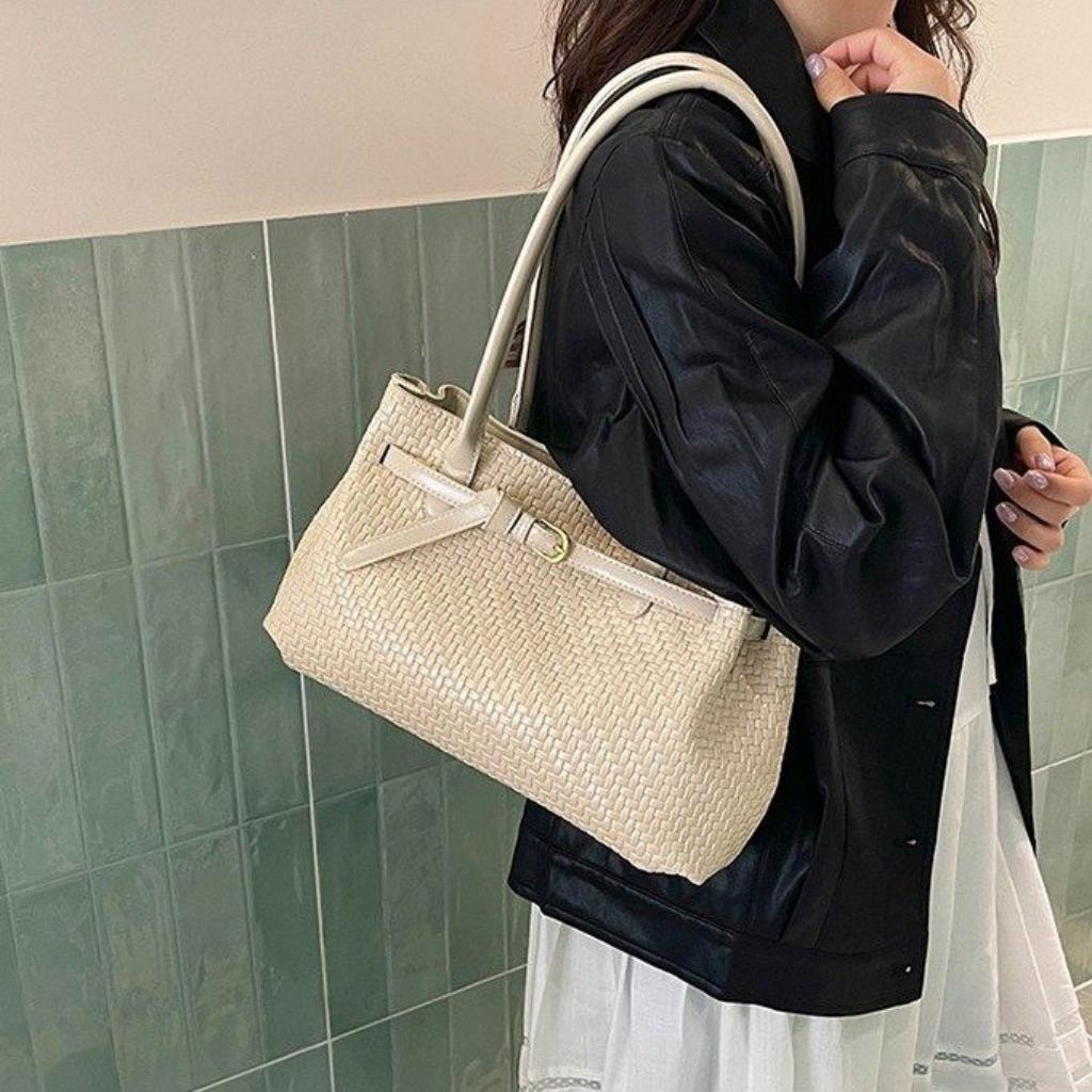 Xeie Thuk Tote Bag Women PU Woven Texture Handheld Shoulder Daily Commute