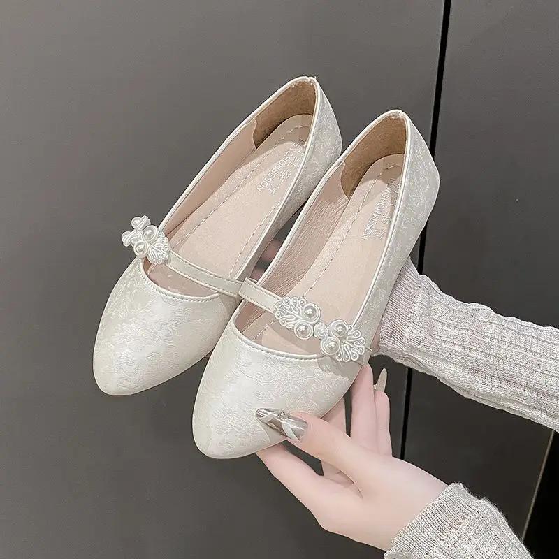 Shoes for Women White One-line Buckle Low Heel Elegant Woman Flats Mary Jane Cheap Clearance Lastest Price Casual On Offer Y2k
