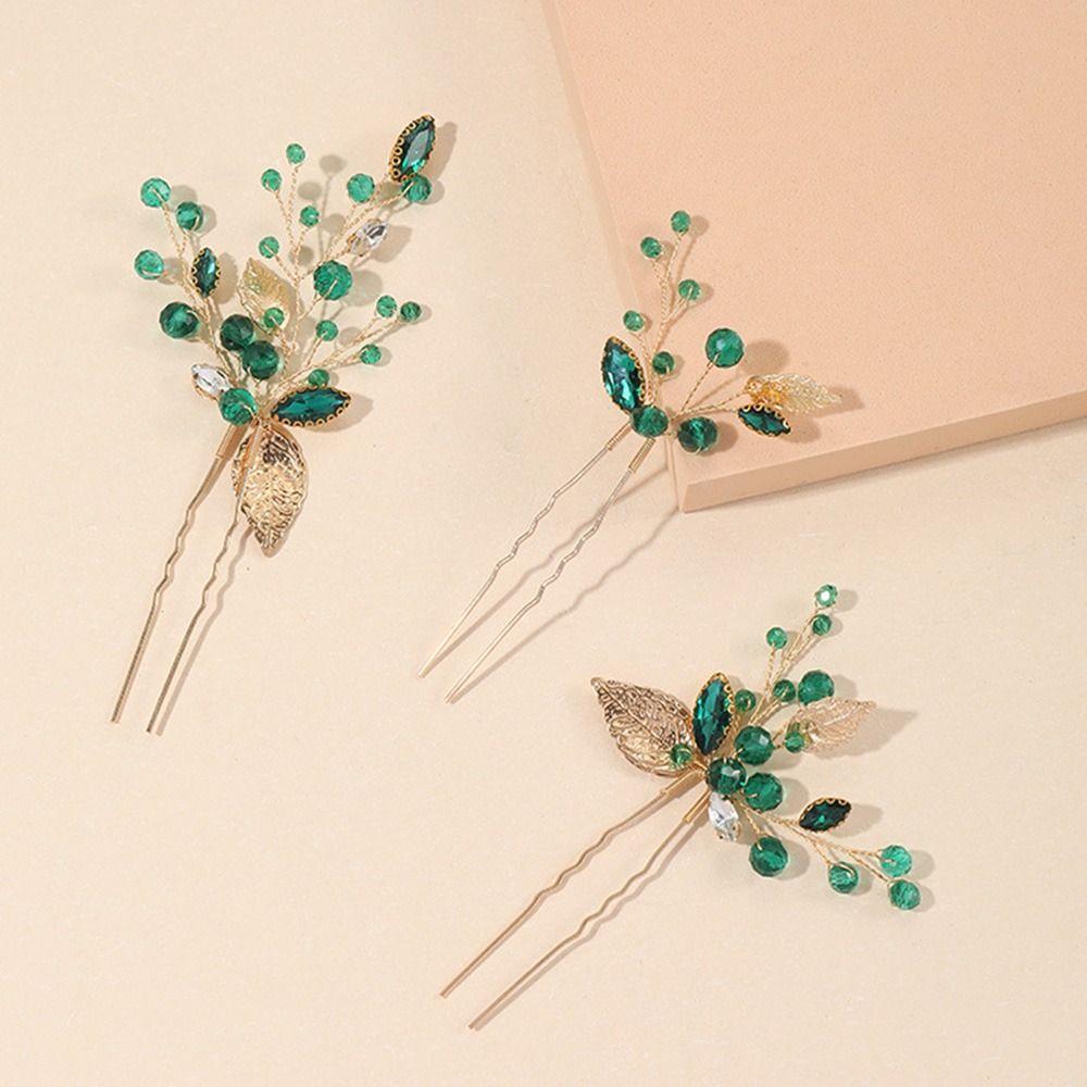 3Pcs/set Wedding Rhinestone Green Leaves Bridal Hairpins Hair Sticks Hair Forks Hair Accessories