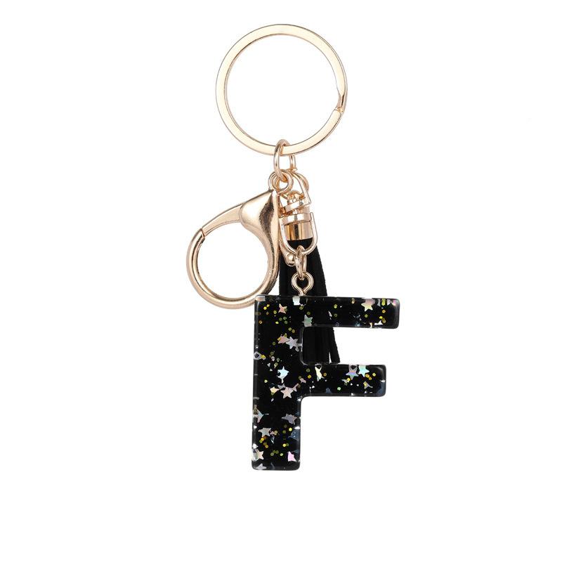 Black Glitter Star Sequins Resin 26 Letters Keychain Initials A-Z Keyring Tassel Charm Accessories Backpack Hanging Decoration