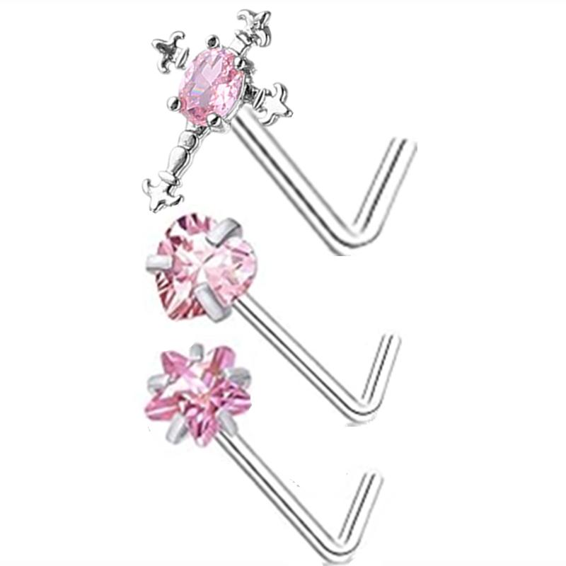 3PC Stainless Steel Flower Nose Piercing Stud Set L Shape Pink Nose Ring Studs Pack Indian Nose Jewelry Bulk Piercing Nariz Lote