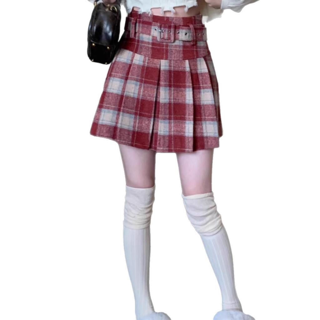 Women's Retro Plaid Wool-Blend A-Line Skirt: High Waist, Slimming, Pleated, Petite, for Spring/Autumn 2025
