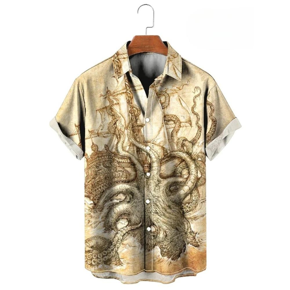Men's Vintage 3D Map Print Hawaiian Shirt, Casual Lapel Button Up Short Sleeve Tops