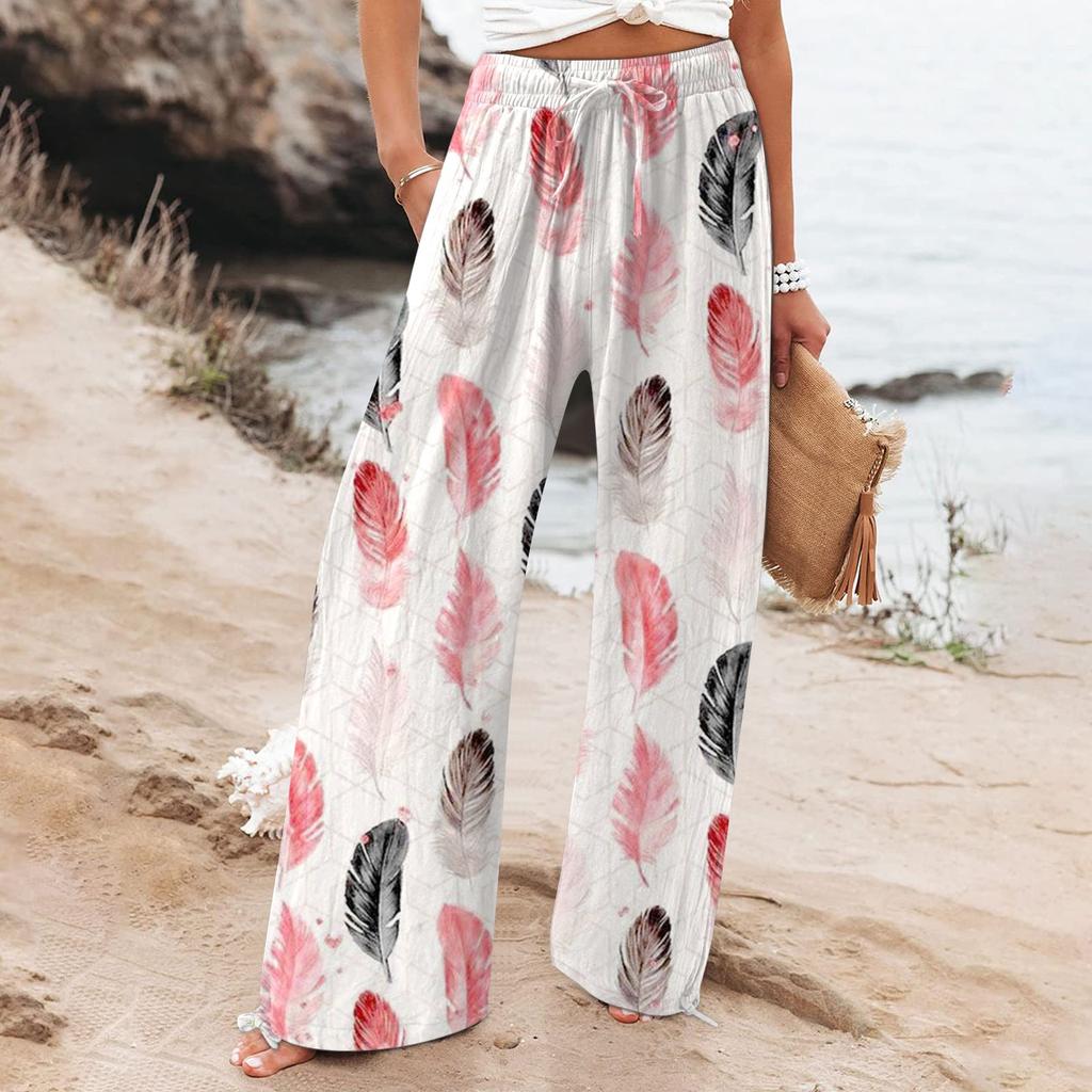 Women's  Casual Loose High Waist Cotton Linen Wide Leg Long Pants With Pockets