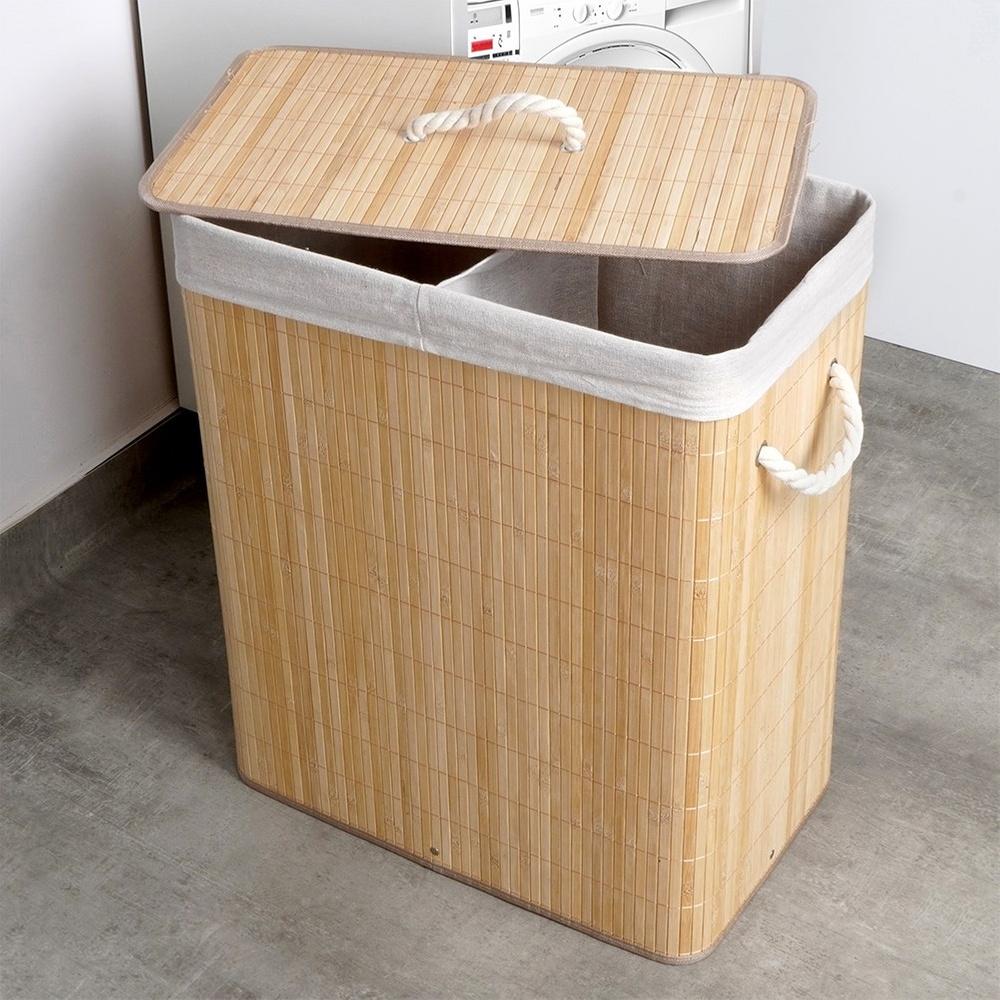 Bamboo Bathroom Laundry Basket, Double Compartment, Split, for Clothes