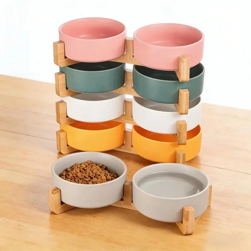 Wooden Rack Ceramic Pet Double Bowl Integrated Eating Drinking Basin No Spill Feeder For Small Cats Dogs Neck Care Pet Supplies
