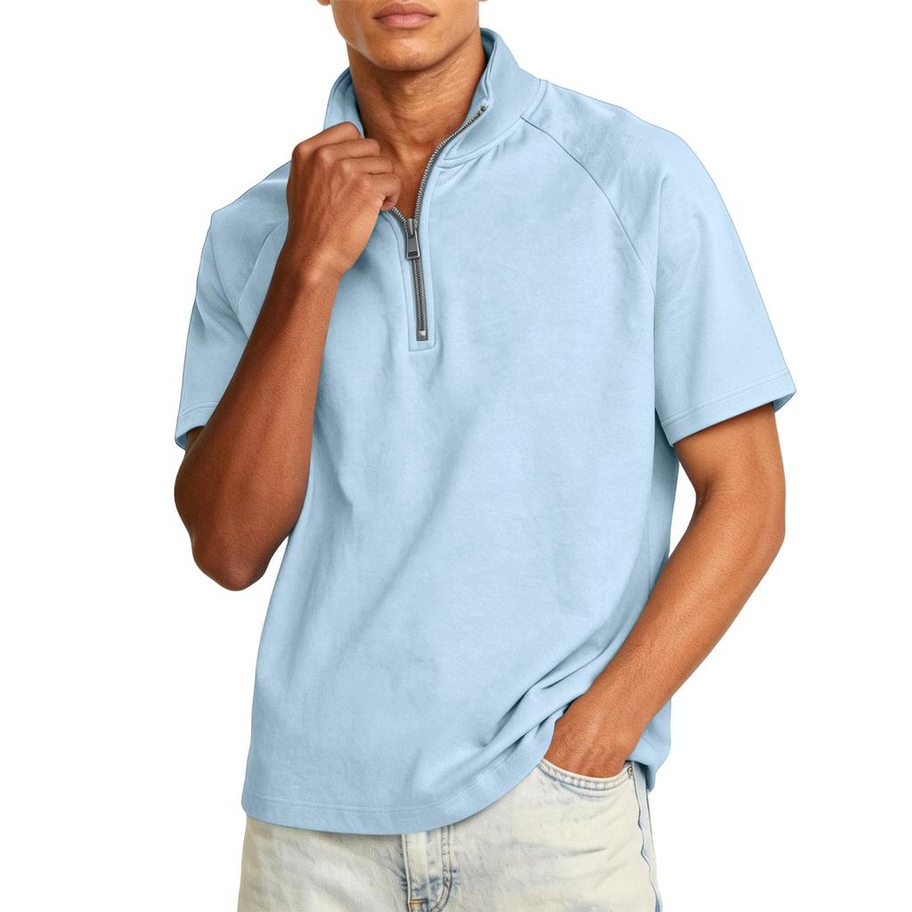 Men's Quarter-length Zipper Stand-collar Casual Short-sleeved Shirt