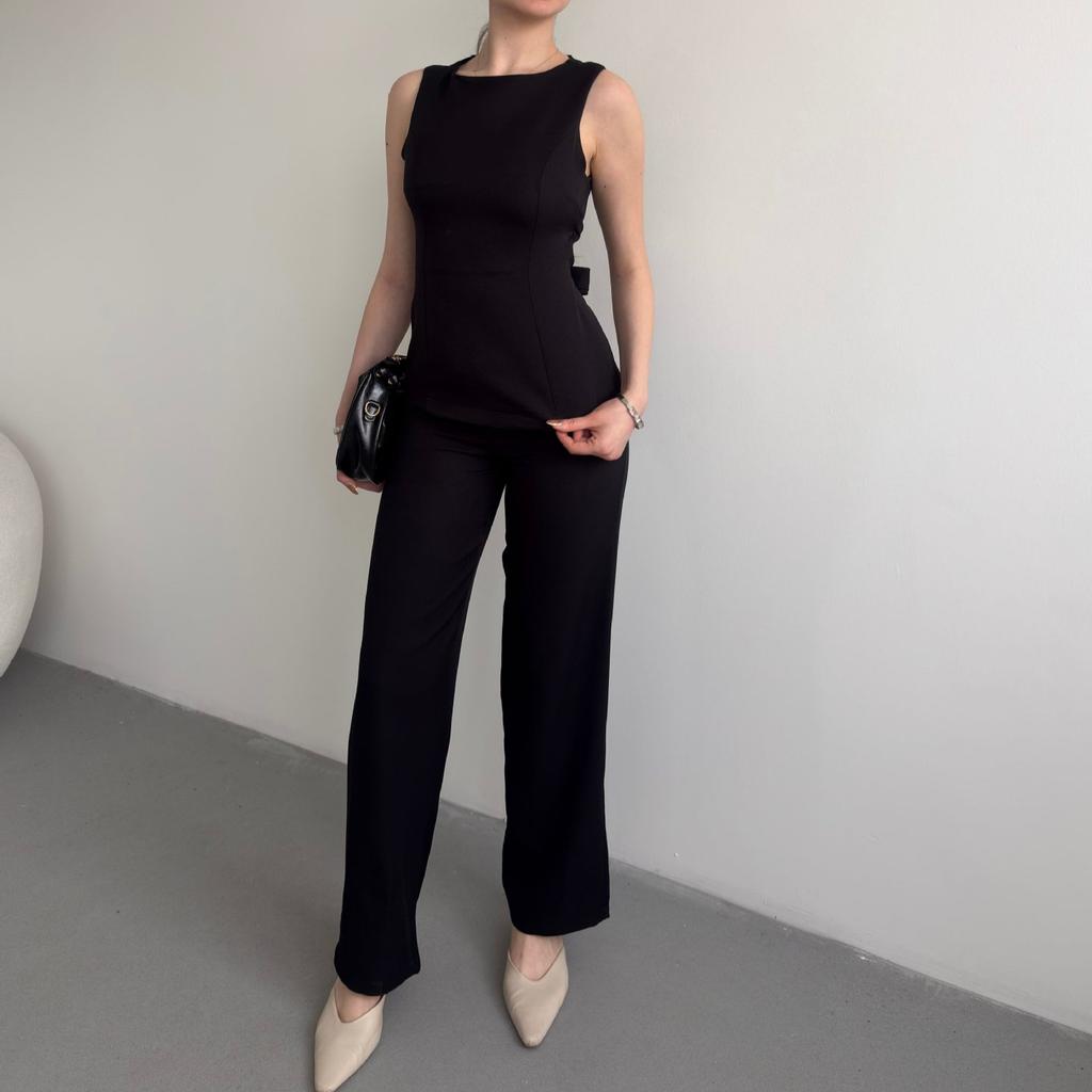 European and women's clothing new round neck sleeveless lace-up waist halter top high waist straight pants set