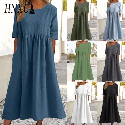 Spring Summer Women O-Neck Dress Casual Loose Long Dresses Plus Size Dresses