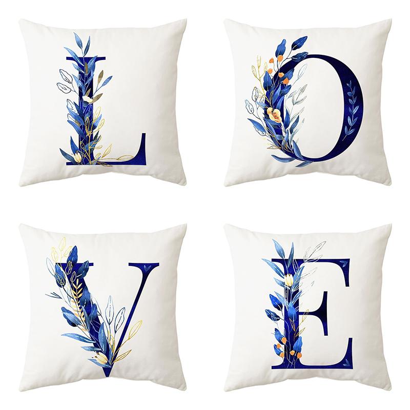 

Blue Flower 26 Letter Pillowcase Wedding Party Birthday Festival Art Decoration Ornament Sofa Cushion Cover Home Decoration