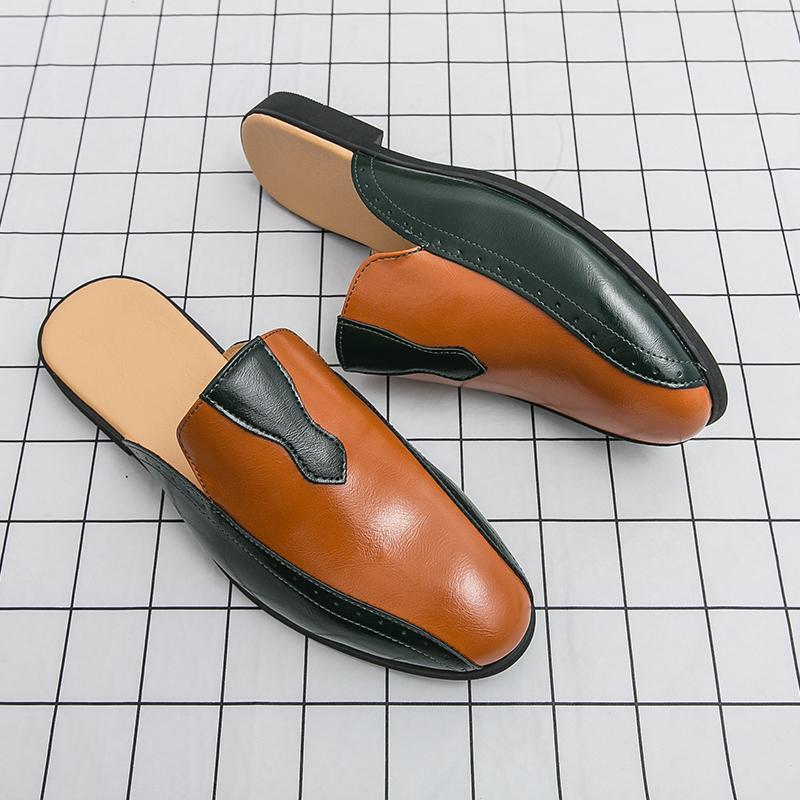 Fashion Handmade Man Muller Shoes Summer Men Casual Leather Shoes Moccasins Breathable Slip on Half Drag Mens Driving Loafers Lazy Flats