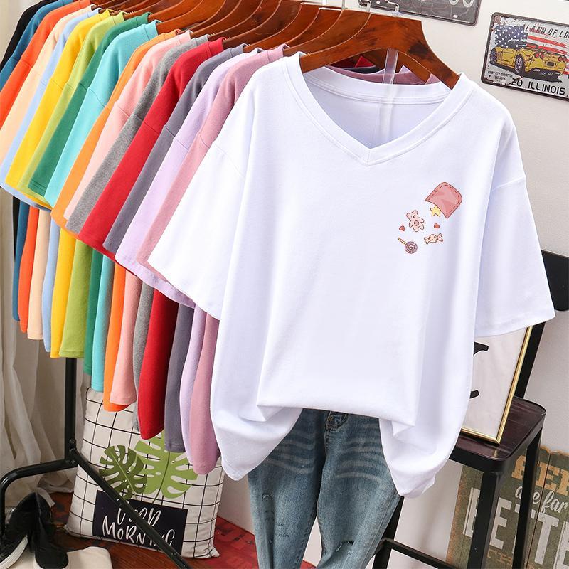 

Футболка с коротким рукавом для женщин большого размера, свободного и стройнящего дизайна, нишевый топ из чистого хлопка с V-образным вырезом, закрывающий живот S белый