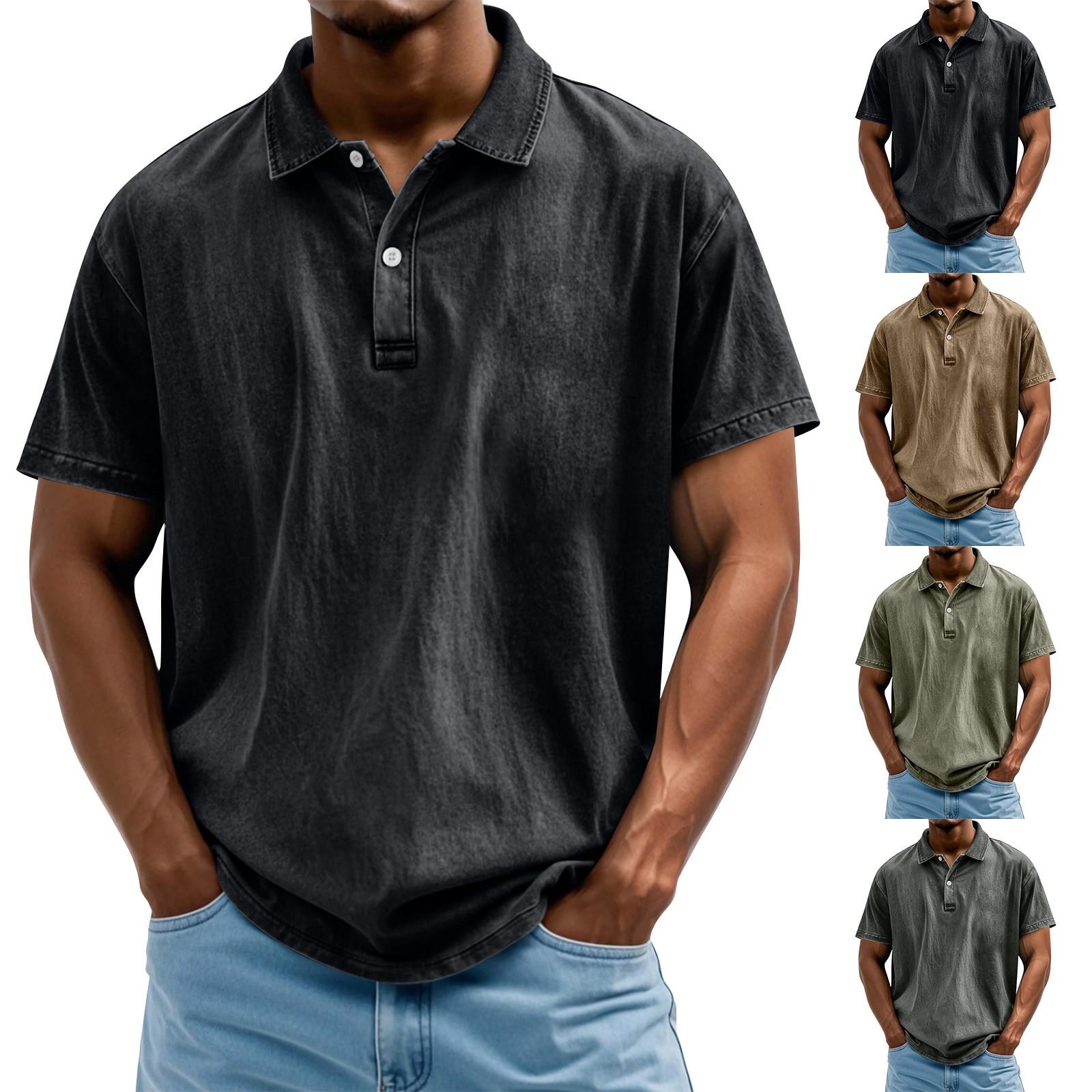 

Men s Summer Solid Color Button Lapel Loose Short Sleeve Top L