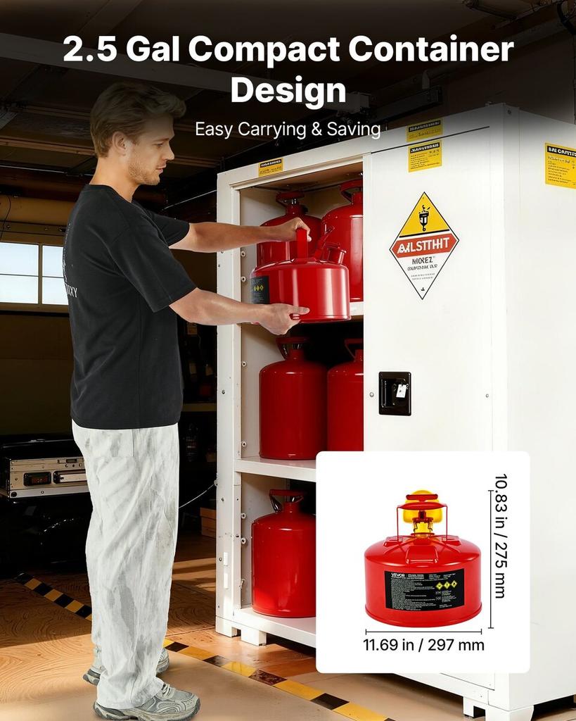 Safety Gas Can, 9.5 L Type I Red Safety Can for Gasoline with Stainless Steel Flame Arrester, Self-Closing Lid, and PE Funnel, Carbon Steel Flammable