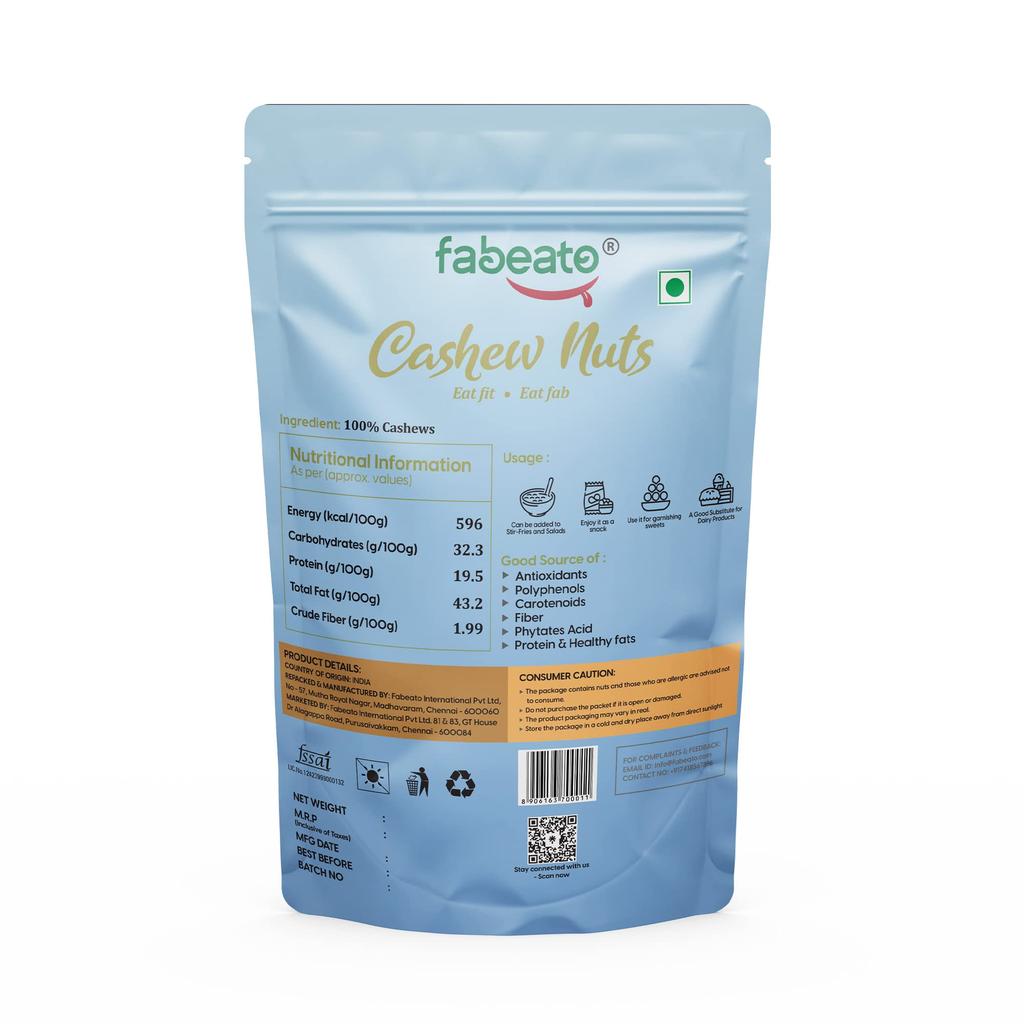 Fabeato 100% Natural Cashews: Crunchy, Raw Cashew Kernels (500g) | Gluten-Free, Plant-Based Protein