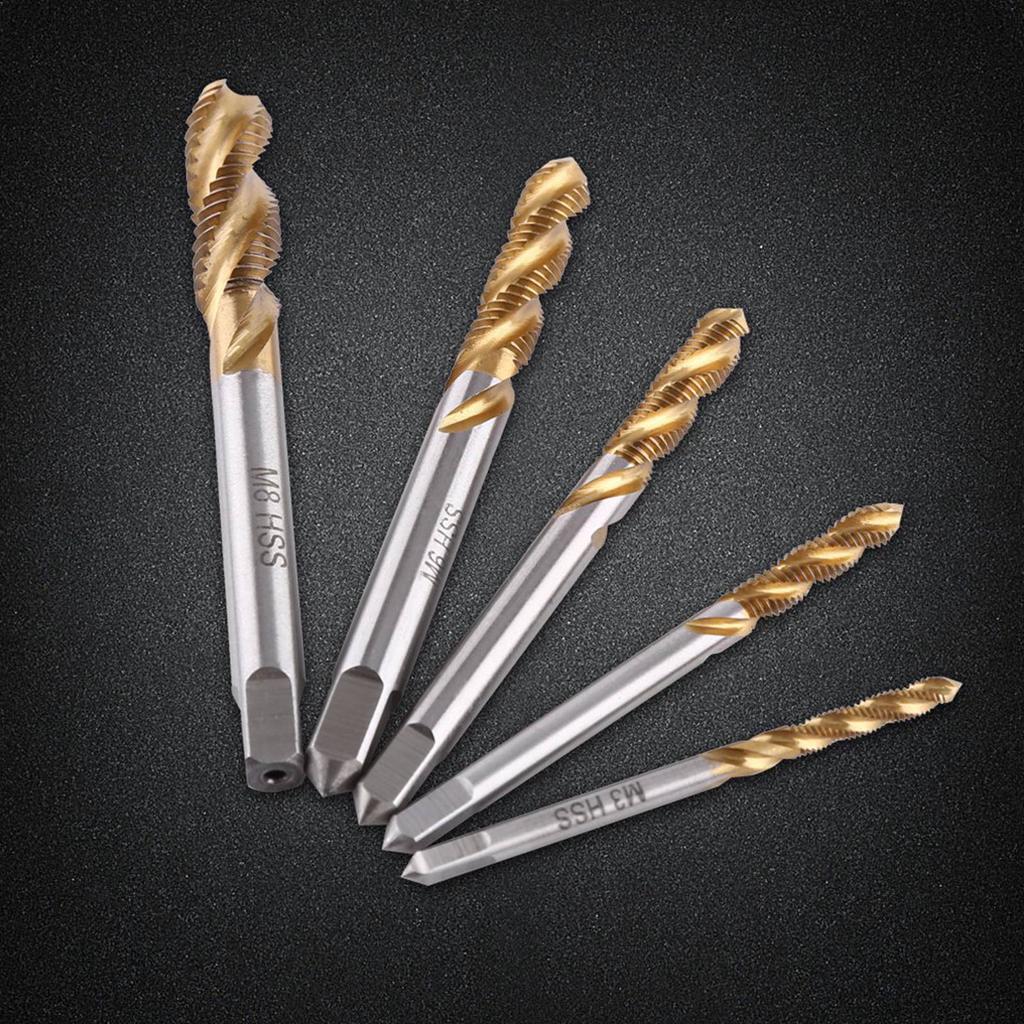5pc lot Titanium Coated HSS Spiral Fluted Screw Taps M3 M4 M5 M6 M8 Thread Tapping Tool