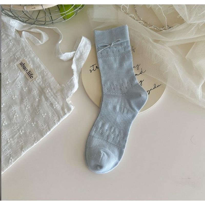 Ladies' Spring and Summer Bow Tied Sweet Mesh Mid Calf Boneless Pile Socks