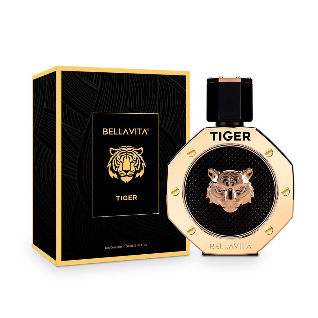 BELLAVITA TIGER Man Eau De Parfum mit Bergamotte, Rosa Pfeffer, Patschuli, Lavendel, Adlerholz & Oud|Premium, Langanhaltender Holzduft für Männer, 100ML