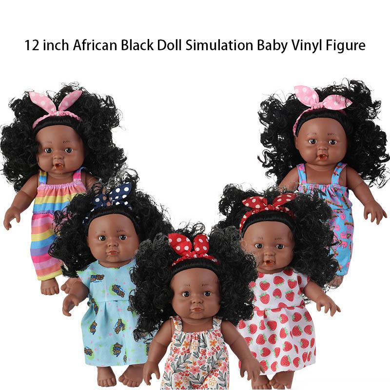 12 Inch African Black Doll Simulation Baby Vinyl Figure Cute Dark Skin Curly Hair Reborn Doll Movable Joints Kids Play House Toy