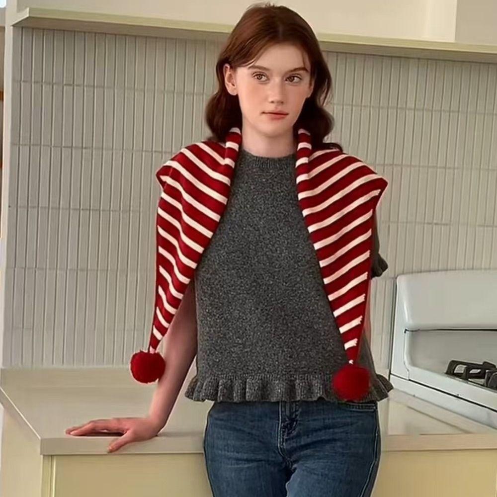 Thicken Triangular Knitted Shawl Plaid Stripe Scarf Retro Winter Cashmere Scarves  Student
