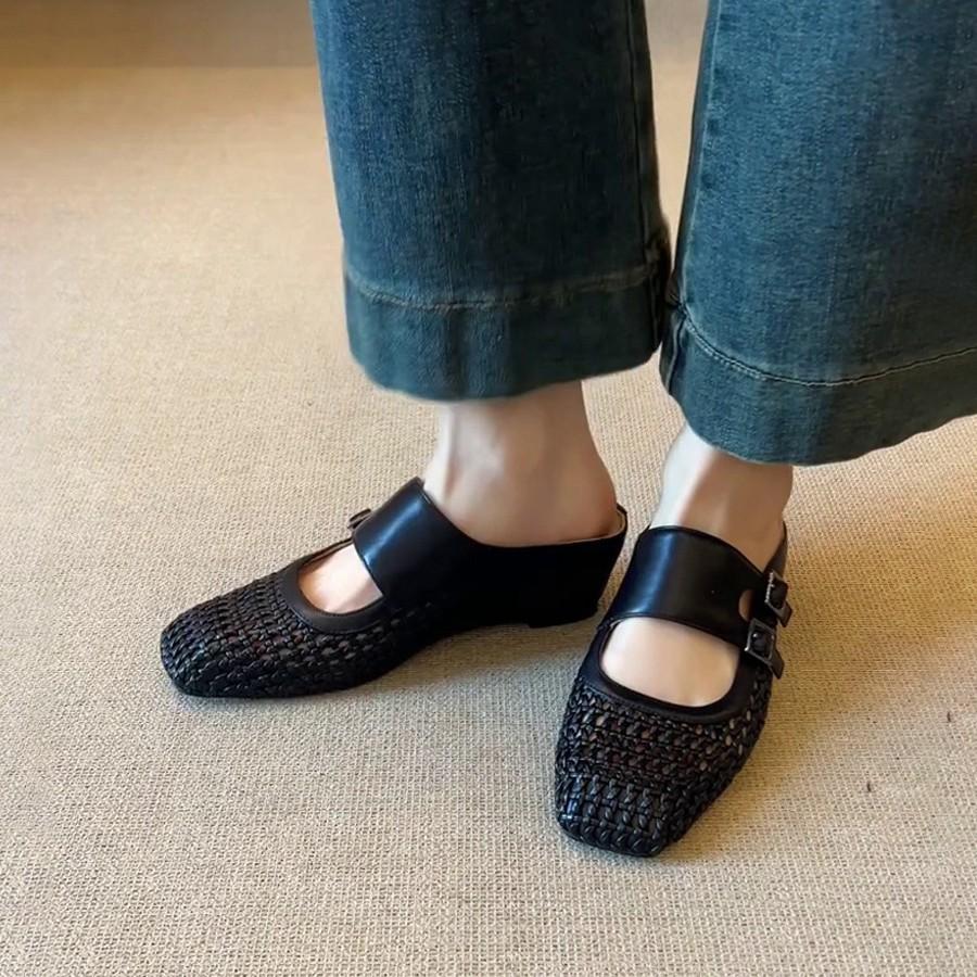 Sheepskin Version~ Thick Bottom Inner Height Increase Woven Hollow Bag Head Slippers Women Wear One Pedal French Muller Cool Slippers