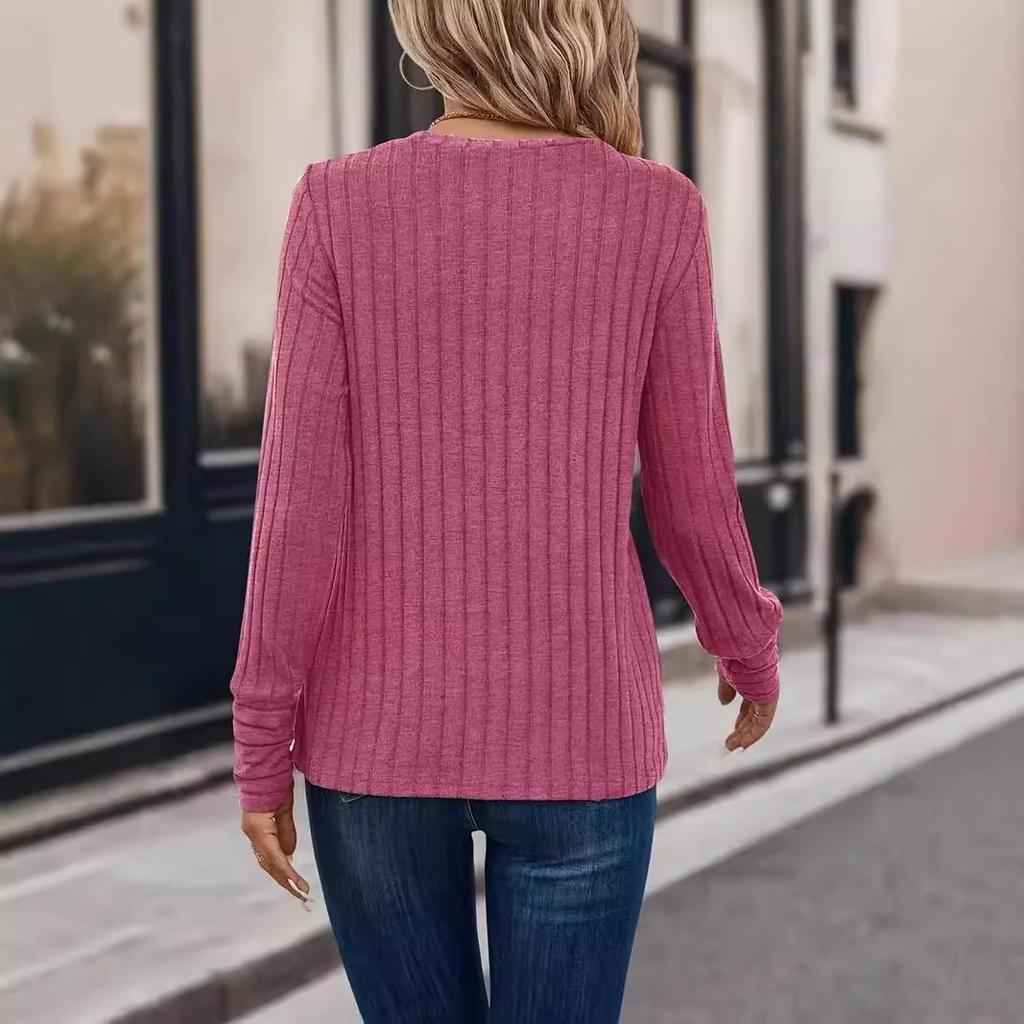 Solid Color Comfortable Crew Neck Pit Strip T-Shirt Spring and Autumn Casual Long Sleeve Top Women's Clothing